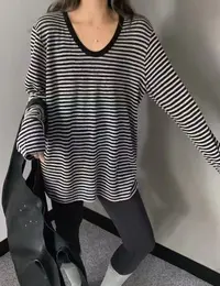 【杨嘻嘻】即墨韩版休闲时尚针织百搭条纹鹅蛋领长袖打底衫29023