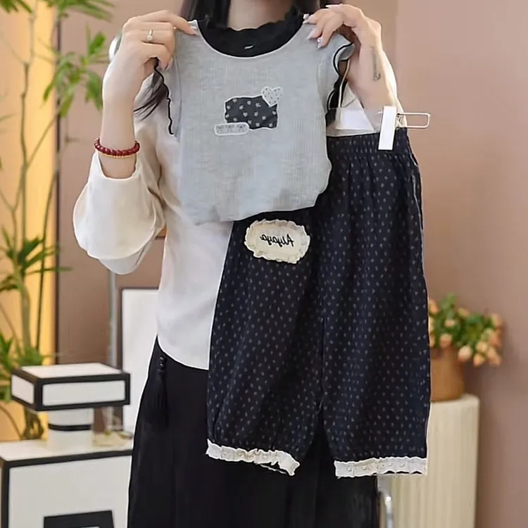 【小丸子】女童韩版2025新款夏季花边碎花九分裤时尚新款洋气套装