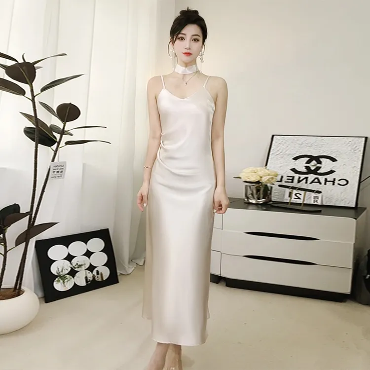【可调节肩带+送飘带】夏季缎面连衣裙女显瘦法式轻奢气质吊带长裙
