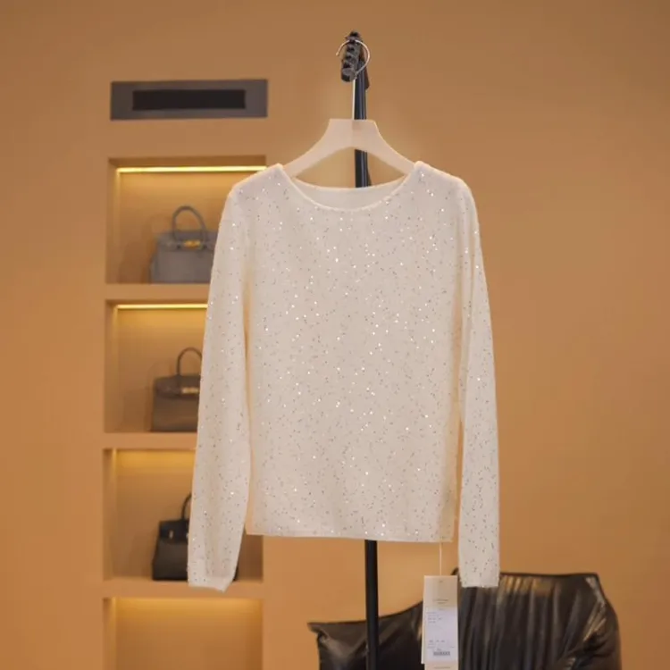 2025冬季新款纯色高级感针织衫亮片圆领套头毛衣宽松显瘦打底衫女