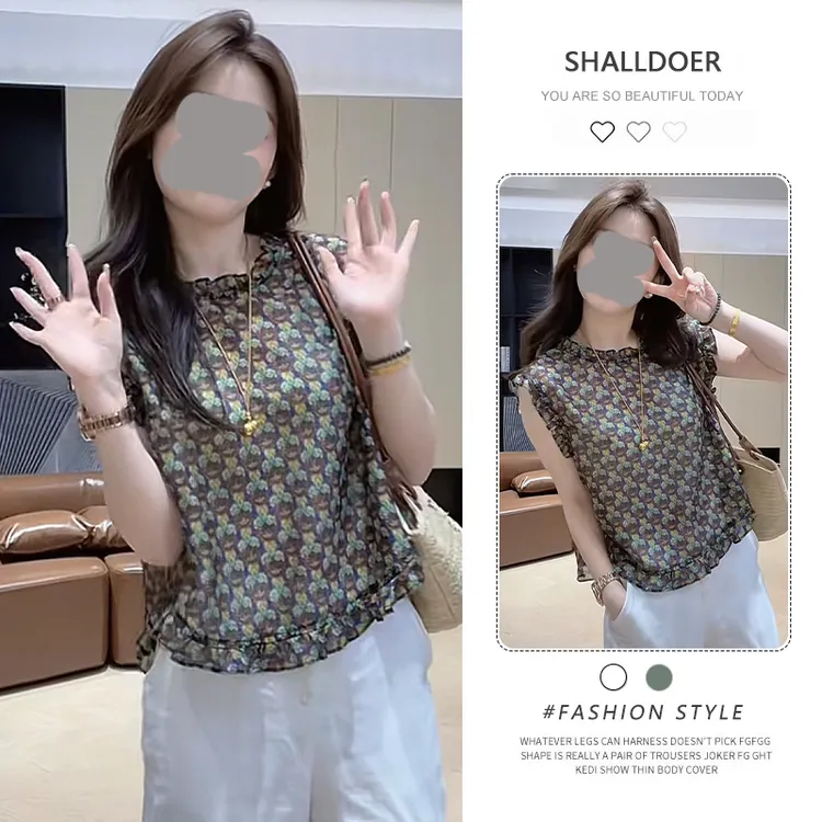 设计感小众复古碎花木耳边无袖衬衫2025夏季新款时尚百搭显瘦上衣