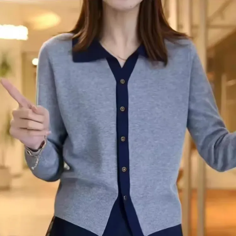 2025春秋季新款女士韩版拼色百搭长袖毛针织衫翻领小个子短款外套