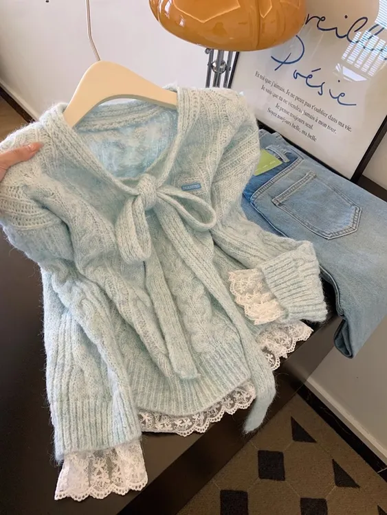 小香风蕾丝下摆假两件套头长袖麻花毛衣女士设计感小众针织衫上衣