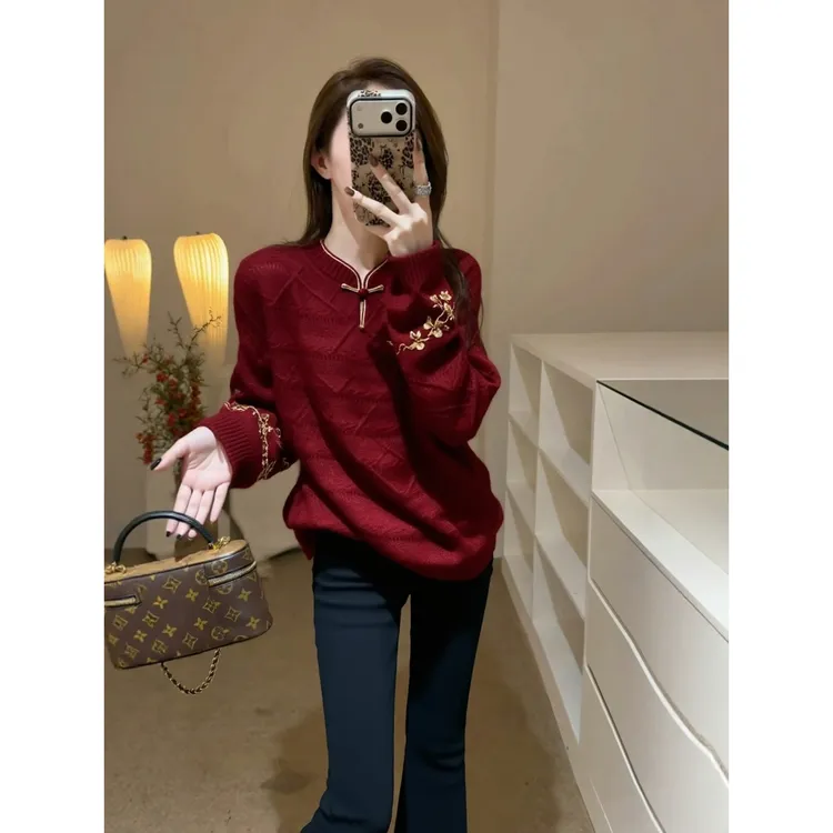 新中式国风毛衣女秋冬2025新款高端时髦洋气巨好看内搭印花针织衫