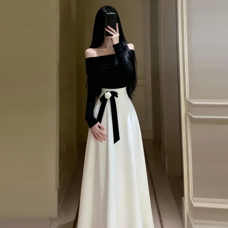 2025新款韩系氛围感穿搭一整套连衣裙子秋冬季高级感气质收腰长裙