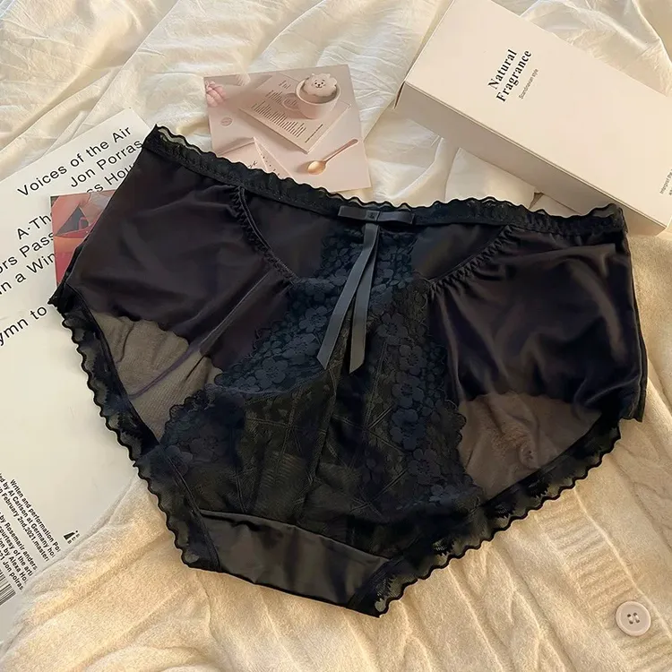 大码高腰蕾丝内裤法式甜美蕾丝抗菌内裤性感镂空黑色女三角内裤