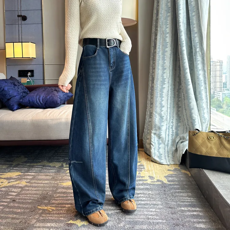 高端加绒美式弯刀牛仔裤女秋冬新款高腰宽松香蕉裤炸街阔腿直接裤