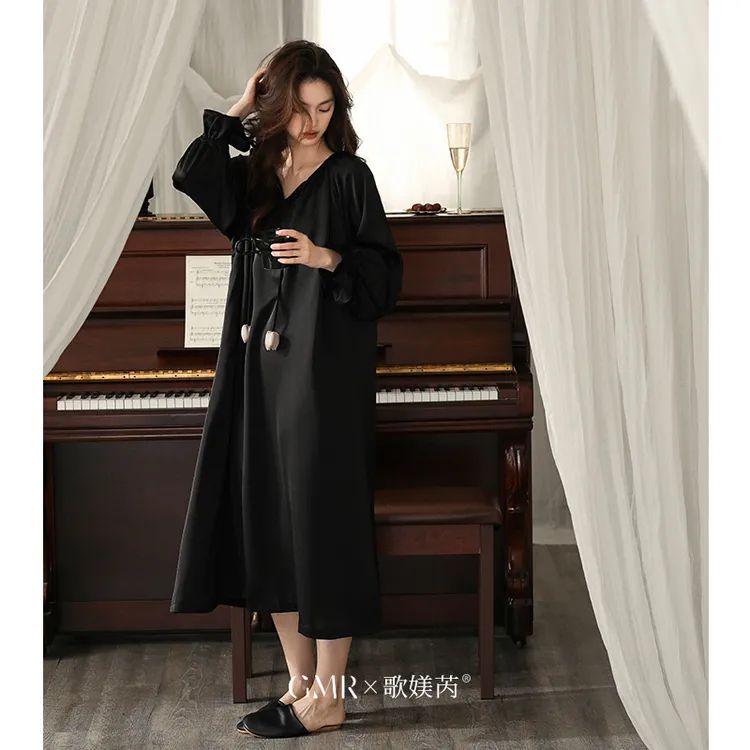 秋天冰丝长袖睡裙春夏薄款可外穿高级感甜美仿真丝凉感睡衣家居服