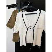 晶咕   假两件刺绣V领背心撞色边针织开衫休闲