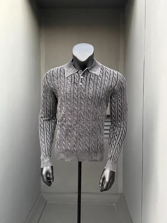91studio 纽扣polo领毛衣男慵懒风痞帅灰色老钱风扭花针织衫上衣