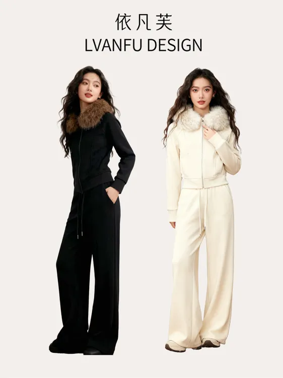「狐影流光」氛围感大毛领秋冬网红加绒加厚卫衣套装JY1021A/LZK