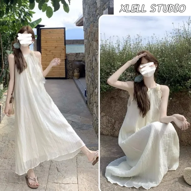 法式立体花朵挂脖连衣裙女2025夏季新款甜美花边海边度假露肩长裙