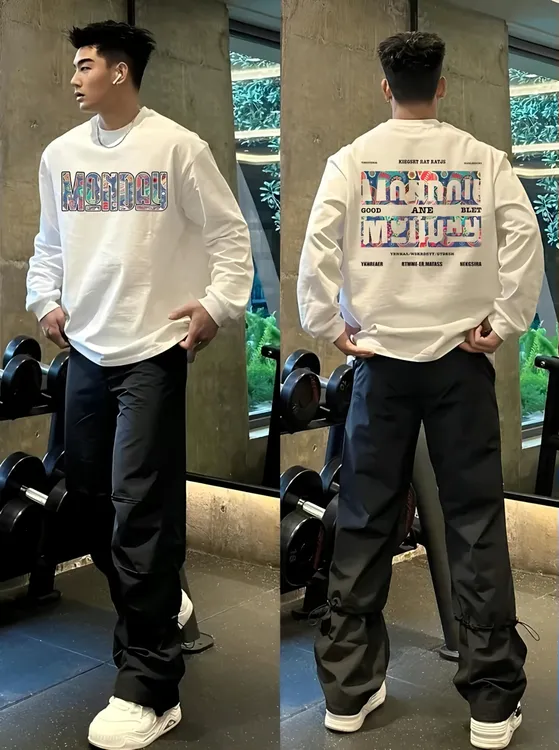 休闲时尚长袖百搭潮流男装宽松圆领韩版纯棉男春秋T恤秋季上衣ins