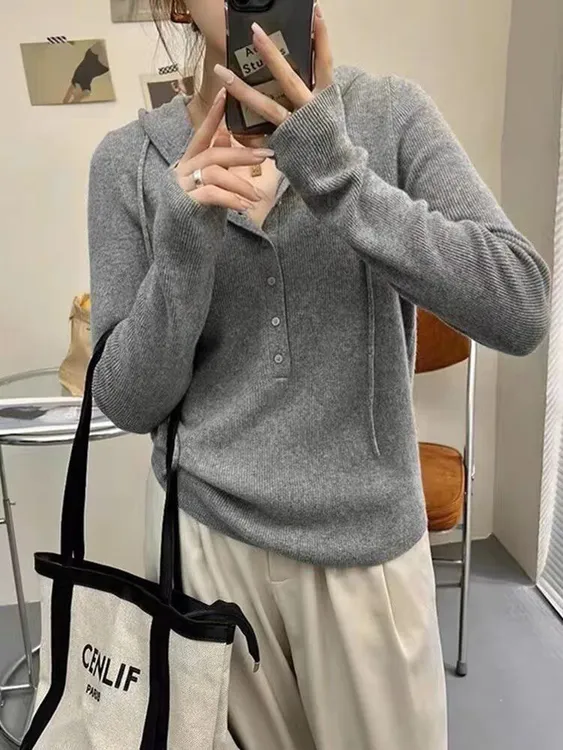 秋季新款大码连帽套头针织毛衣宽松慵懒风设计感小众上衣打底衫