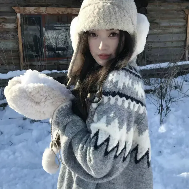 费尔岛风提花毛衣女秋冬季宽松慵懒立领拉链外套针织衫高级感上衣