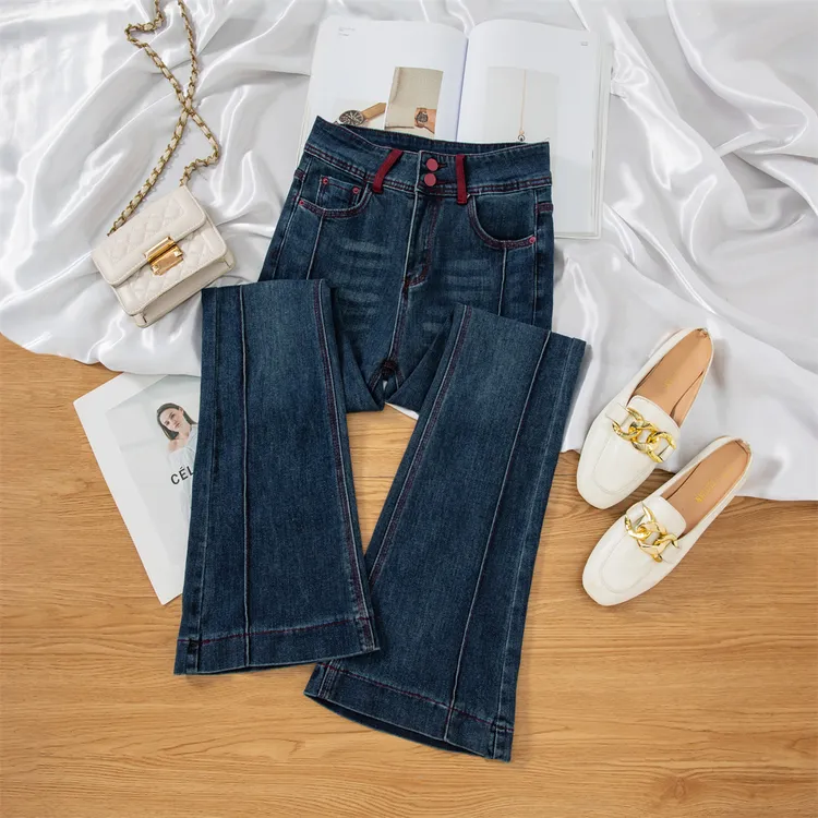 加绒撞色微喇牛仔裤女秋冬季2025年新高腰显瘦弹力马蹄喇叭裤子女