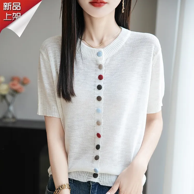 哥弟阿玛施正品夏季彩扣开衫圆领竹节麻针织短袖休闲百搭宽松上衣