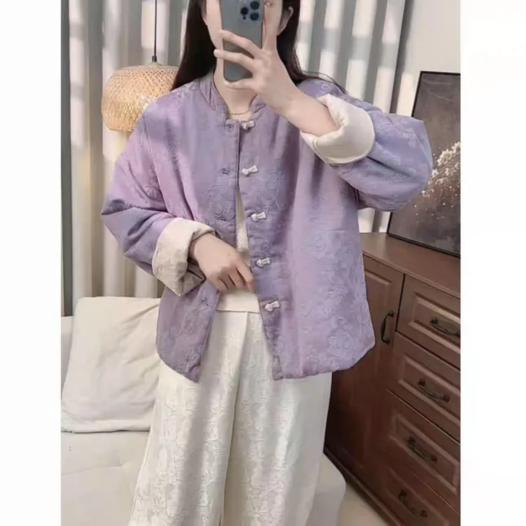 紫夜风铃~国风双面穿侧面斜插口袋夹棉长袖撞色复古外套上衣623-3