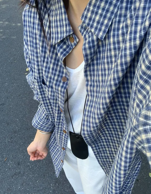 复古宽松格子衬衫女夏秋薄款新品韩版休闲简约长袖蓝色外搭小衫