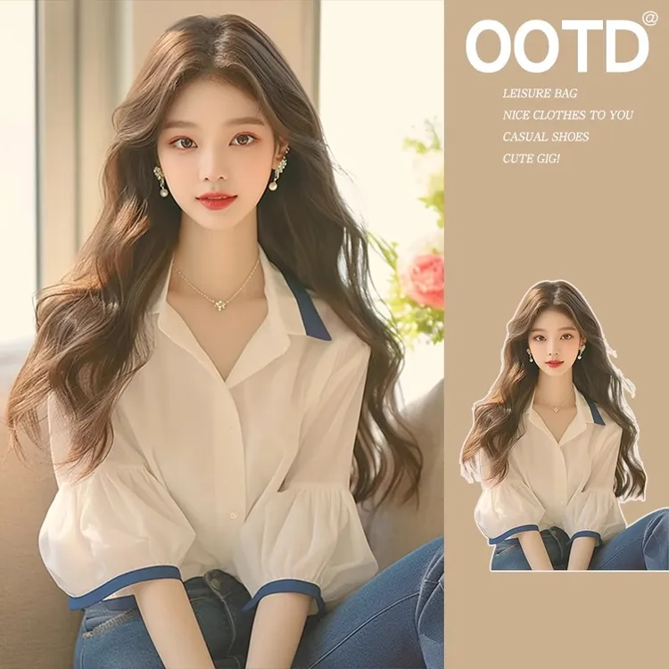 早春法式通勤白色泡泡袖衬衫女设计感小众宽松超好看绝美半袖上衣