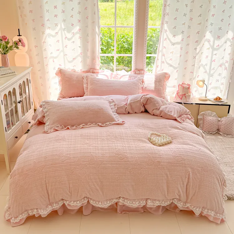 水星新家纺公主风雕花牛奶绒床上四件套秋冬季加厚双面珊瑚绒被套