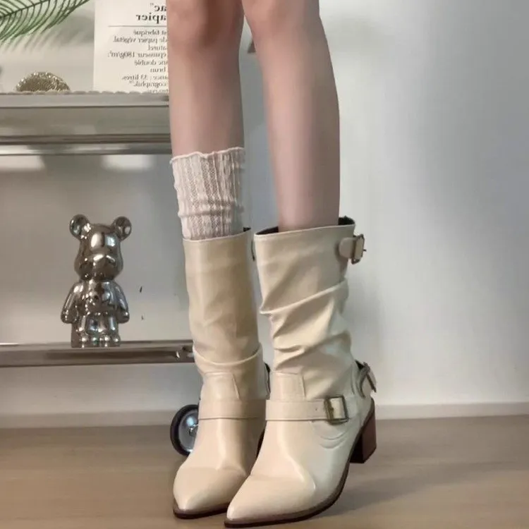 爆款马丁靴尖头靴子女2025新款高级感皮带扣粗跟堆堆靴西部牛仔靴
