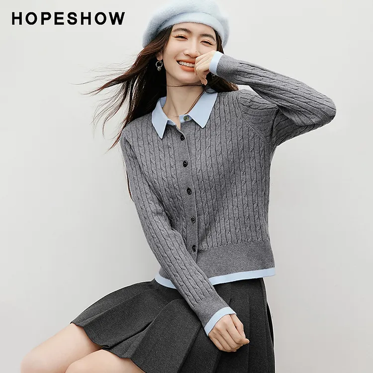 红袖2025冬女装 复古绞花假两件撞色正肩翻领针织开衫90125360108