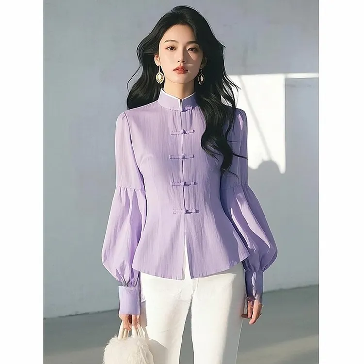 2025新中式紫色亚麻衬衫女高级感轻奢独特漂亮小衫国风盘扣上衣春