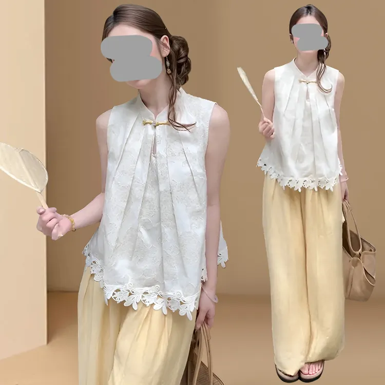 新中式复古蕾丝花边无袖背心上衣女2025新款夏季阔腿长裤两件套