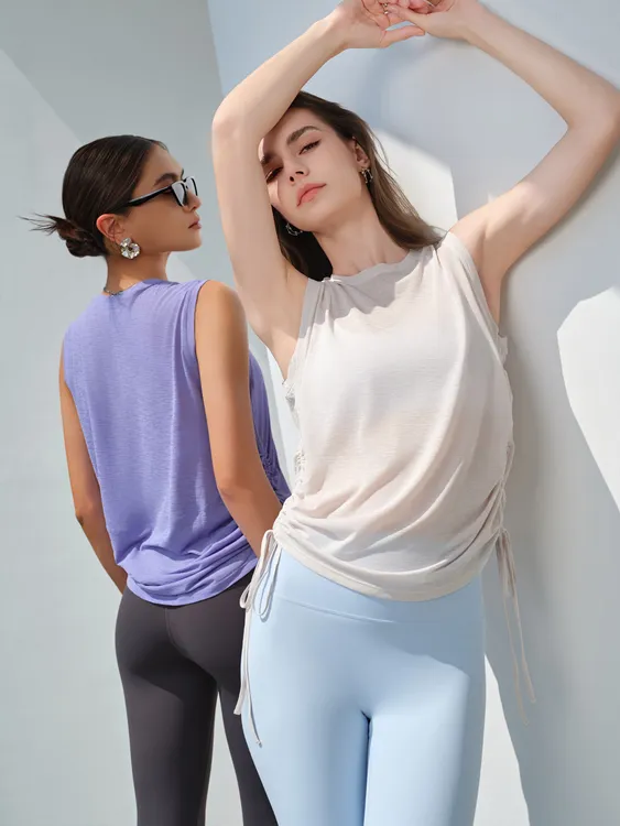 春夏新款抽绳运动上衣女宽松休闲速干无袖瑜伽背心薄款健身上衣