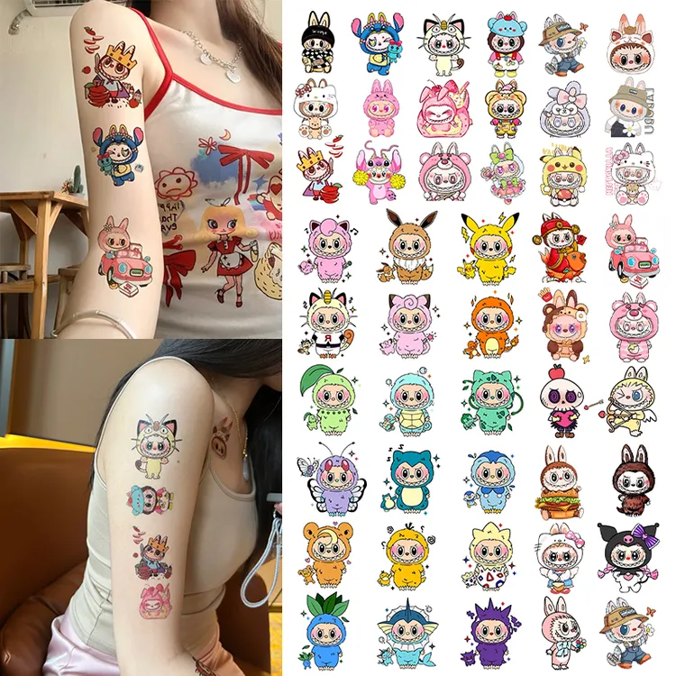 爆款拉布布卡通彩色纹身贴高颜值潮流个性防水持久逼真花臂贴纸