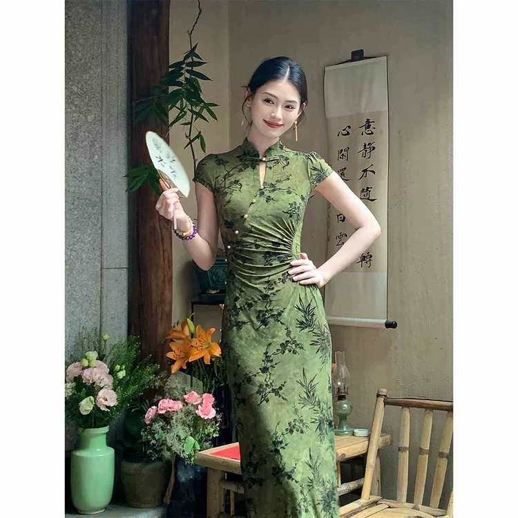 【9907】新中式百搭旗袍裙碎花连衣裙女新款优雅气质收腰开叉长裙