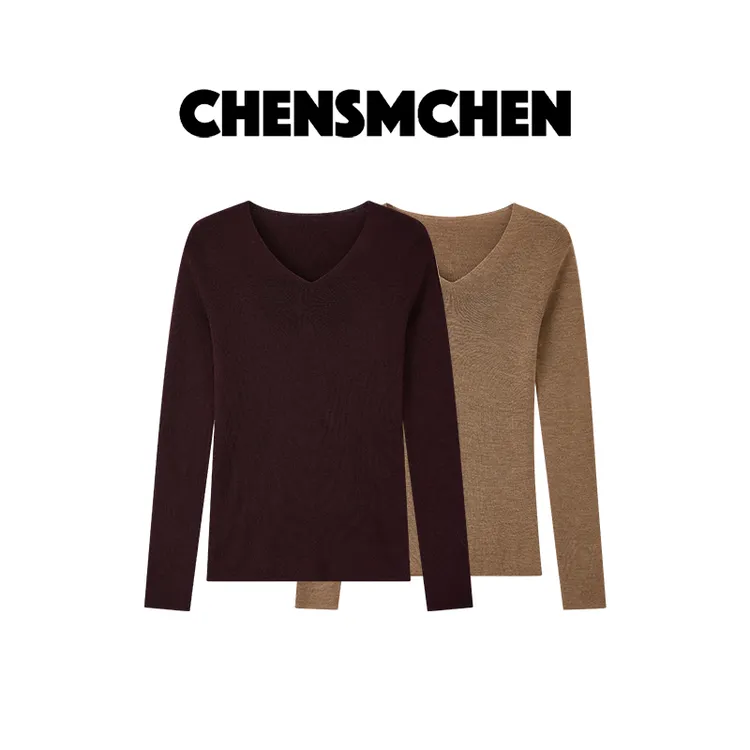CHENSMCHEN 100绵羊毛V领长袖针织衫女休闲百搭打底衫CSZ8318WL
