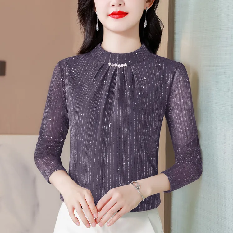 秋季时尚洋气长袖半高领上衣女优雅气质亮丝设计感减龄打底小衫