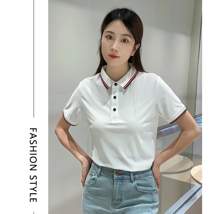 修身POLO领休闲白色T恤polo韩版型翻领甜美商务翻领短袖t恤女款男