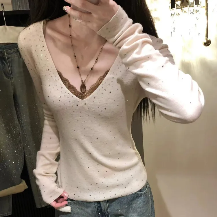 【含羊毛V领】净版钻版纯欲温柔奶油皮草搭子长袖针织上衣2669