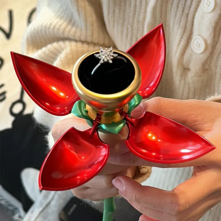 首饰盒/箱 创意自动打开一枝玫瑰花首饰盒可放戒指饰品盒情人节