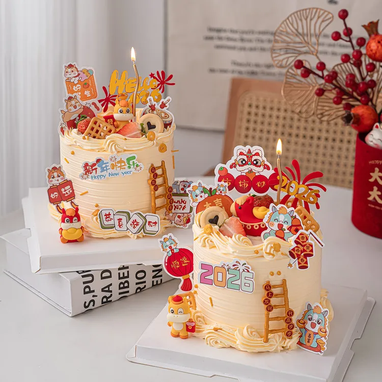 马年大吉柿柿如意蛋糕装饰可爱小马摆件2026新年快乐亚克力插件