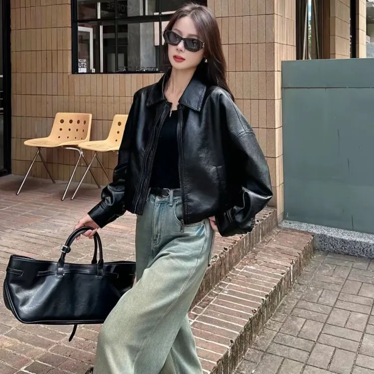2025新款潮服皮衣女短款松紧皮夹克外套时尚百搭休闲皮衣外套女潮