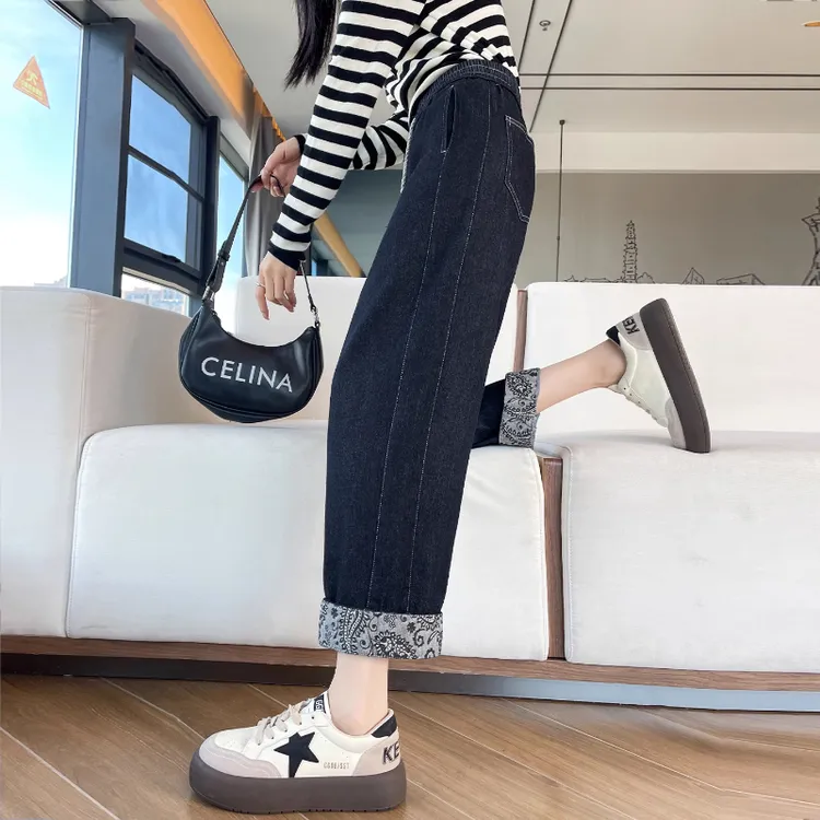 深蓝弯刀牛仔裤女春秋2025新款时尚翻边宽松显瘦九分小个子哈伦裤