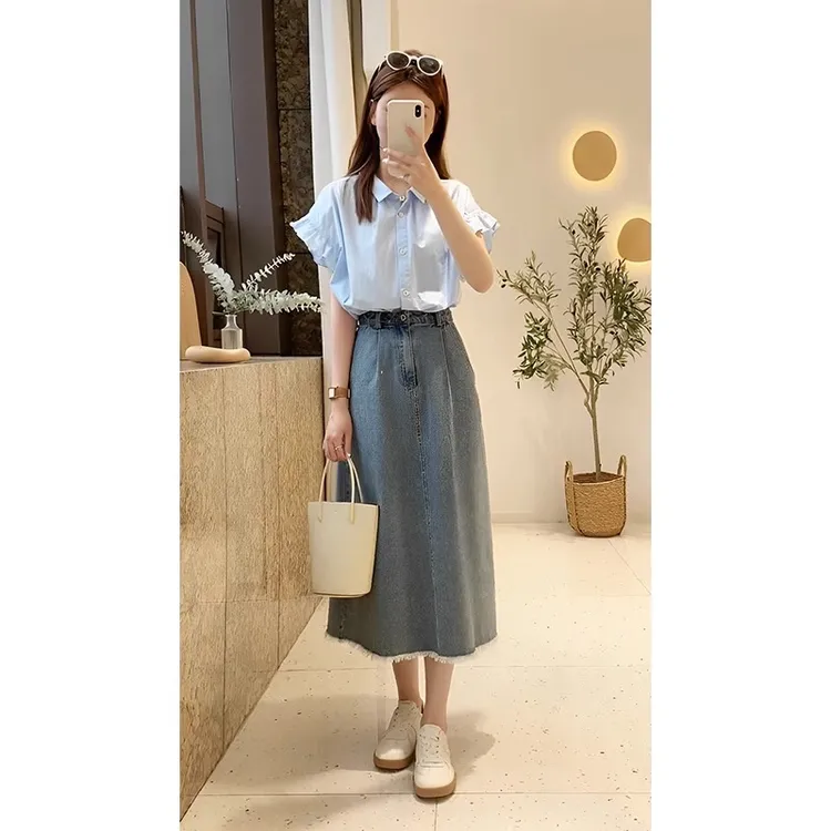 2025夏季新款时尚复古短袖衬衫休闲百搭牛仔半身裙减龄显瘦两件套