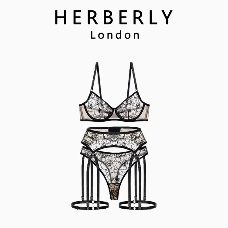 英国HERBERLY 性感蕾丝分体裙女复古花蕊轻薄杯轻盈透气文胸套装