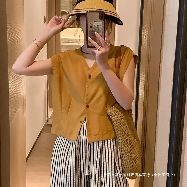 无袖V领衬衫女夏季新款韩系时尚休闲百搭老钱风多巴胺服装女