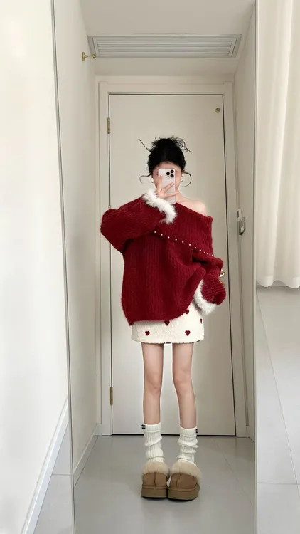 秋冬穿搭一整套韩系温柔风斜肩红色针织上衣高腰爱心半身裙两件套