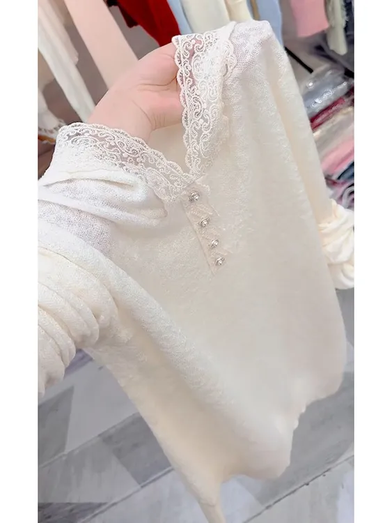 【当日发货】超火别致独特高级感上衣减龄米白蕾丝连帽长袖T-恤女秋