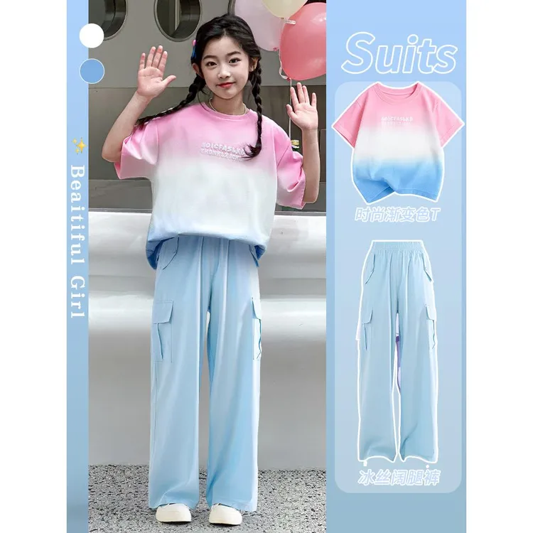 女童套装夏季2025新款洋气儿童短袖阔腿裤夏天大童运动工装两件套