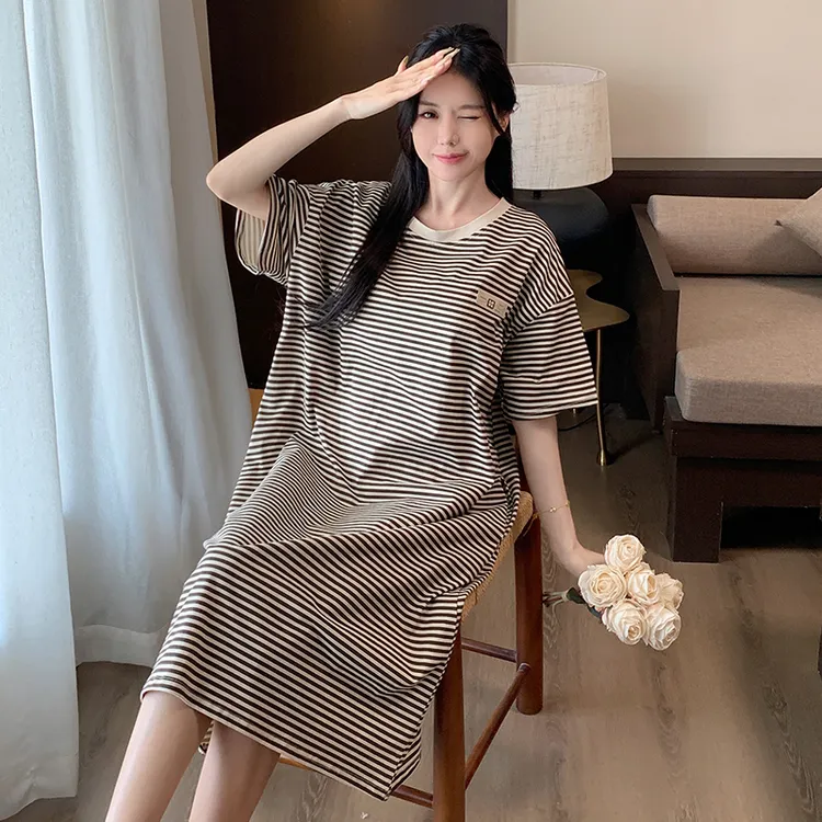 纯棉睡裙女夏季带胸垫短袖长裙宽松大码睡衣条纹家居服长款夏天薄