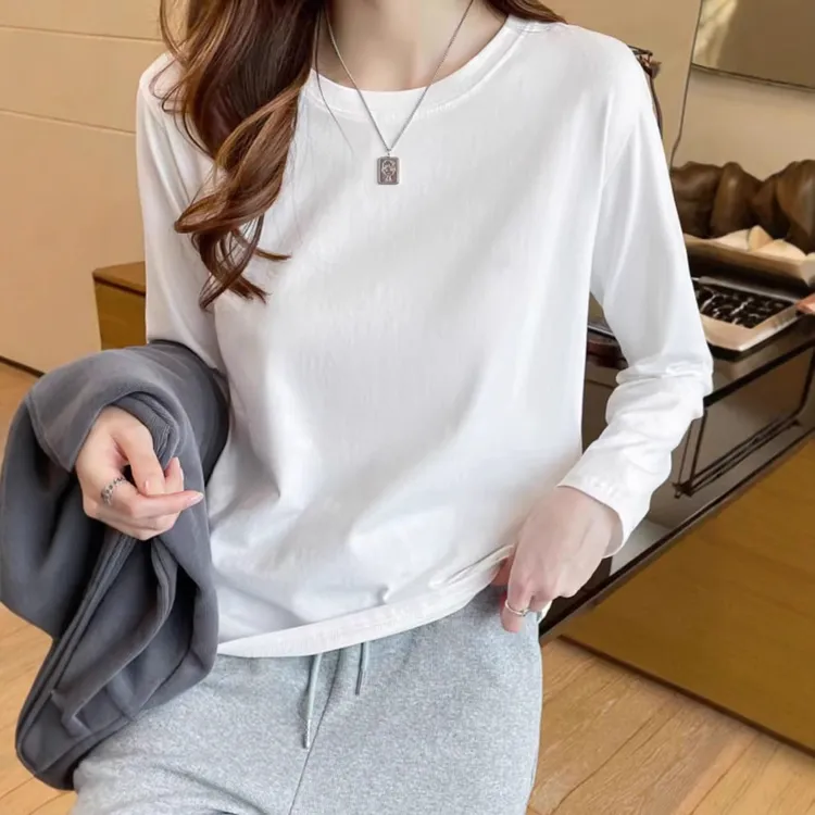 春秋秋冬纯棉白色基础长袖t恤新款宽松上衣打底衫休闲修身内搭