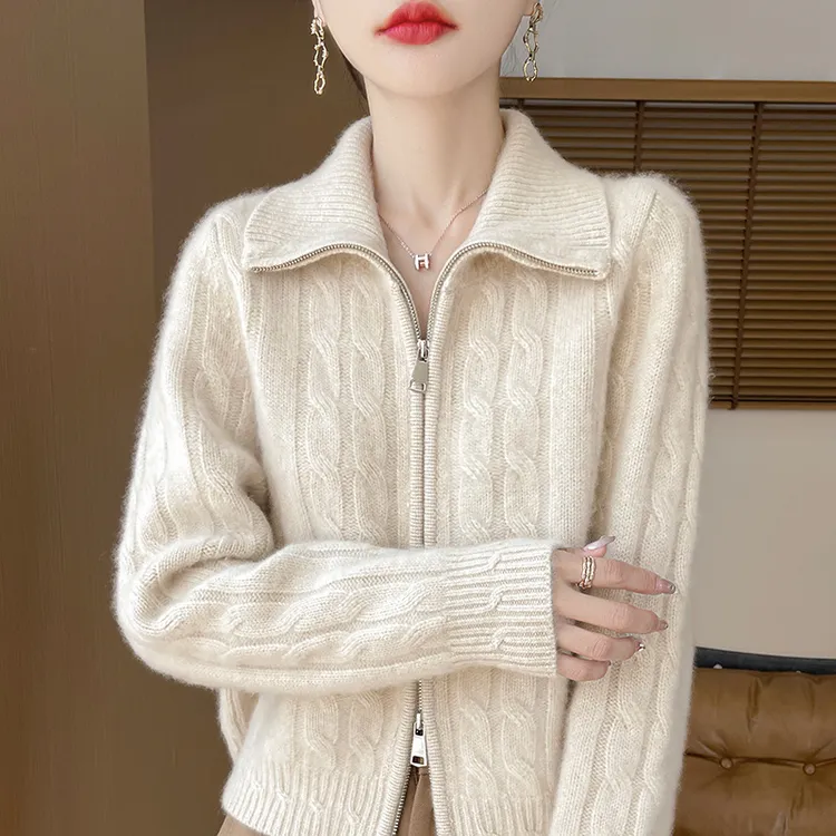 立领羊毛针织开衫女麻花加厚双拉链宽松秋冬新款翻领韩版毛衣外套