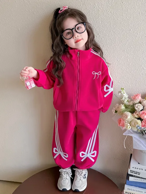春秋秋季女拉链蝴蝶结休闲风套装儿童童装外套小童
